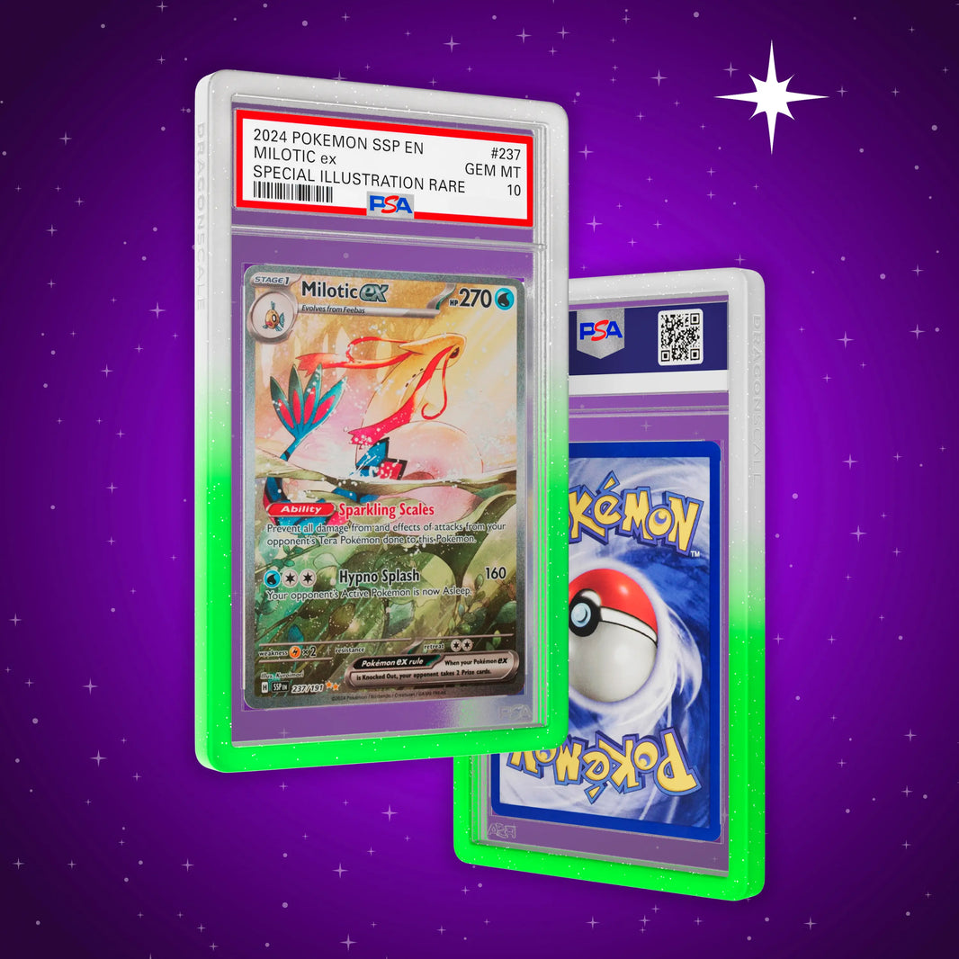 Front and back view of a PSA slab in Radiant Sylvan Dragonscale bumper guard,featuring a Milotic EX Surging Sparks PSA 10 Pokemon card.
