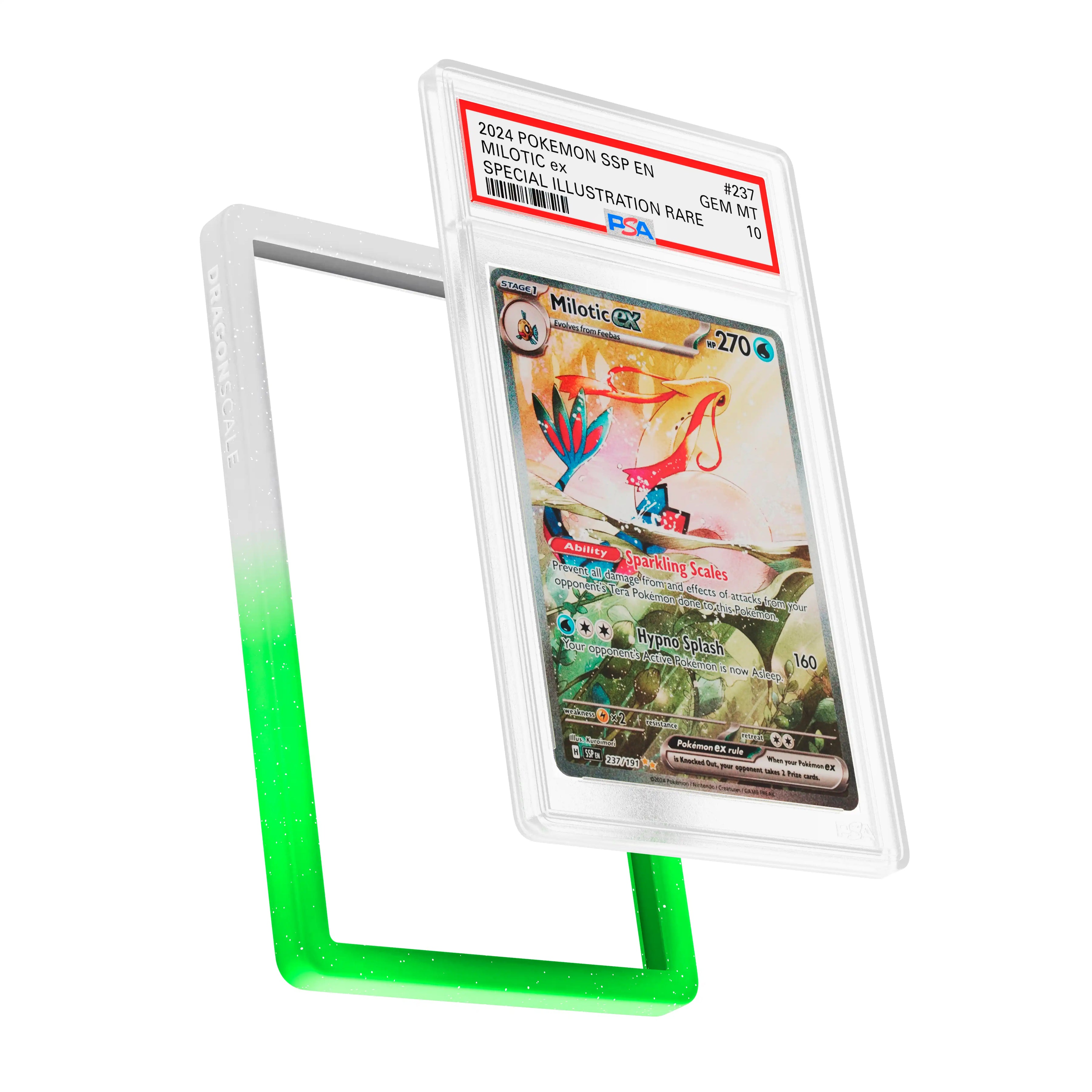 Display and demo view of a PSA slab in Radiant Sylvan Dragonscale bumper guard, featuring a Milotic EX Surging Sparks PSA 10 Pokemon card.

