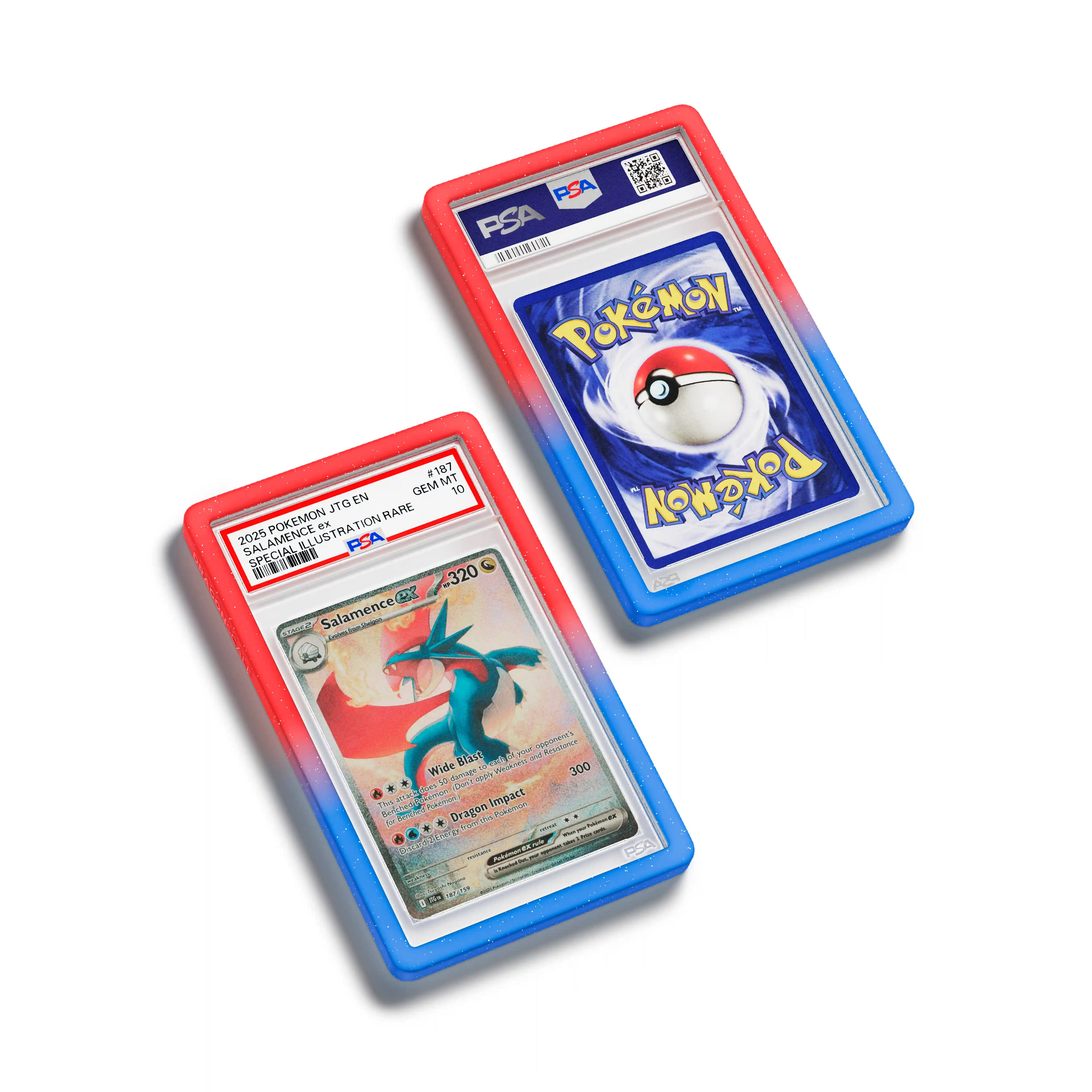 Top-down flat view of a PSA slab in Radiant Tempest Dragonscale bumper guard, featuring a Salamence EX Journey Together PSA 10 Pokemon card.
