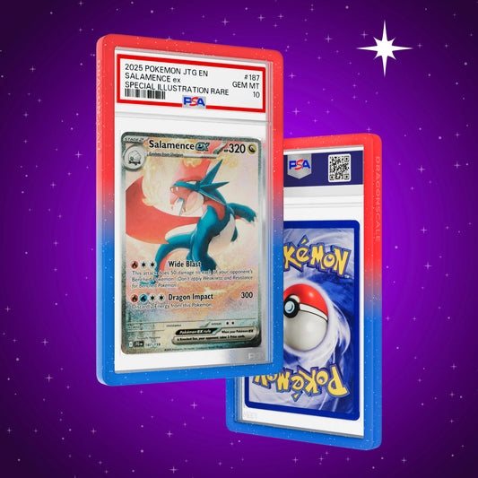 Front and back view of a PSA slab in Radiant Tempest Dragonscale bumper guard,featuring a  Salamence EX Journey Together PSA 10 Pokemon card.
