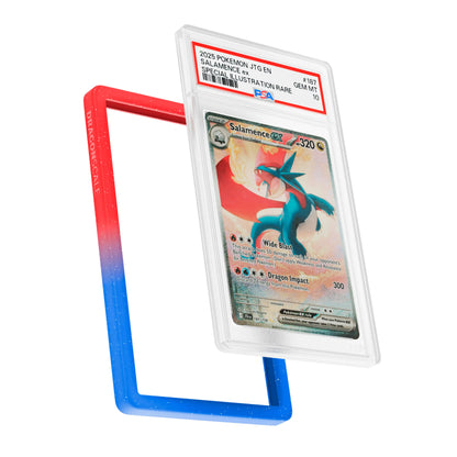 Display and demo view of a PSA slab in Radiant Tempest Dragonscale bumper guard, featuring a  Salamence EX Journey Together PSA 10 Pokemon card.
