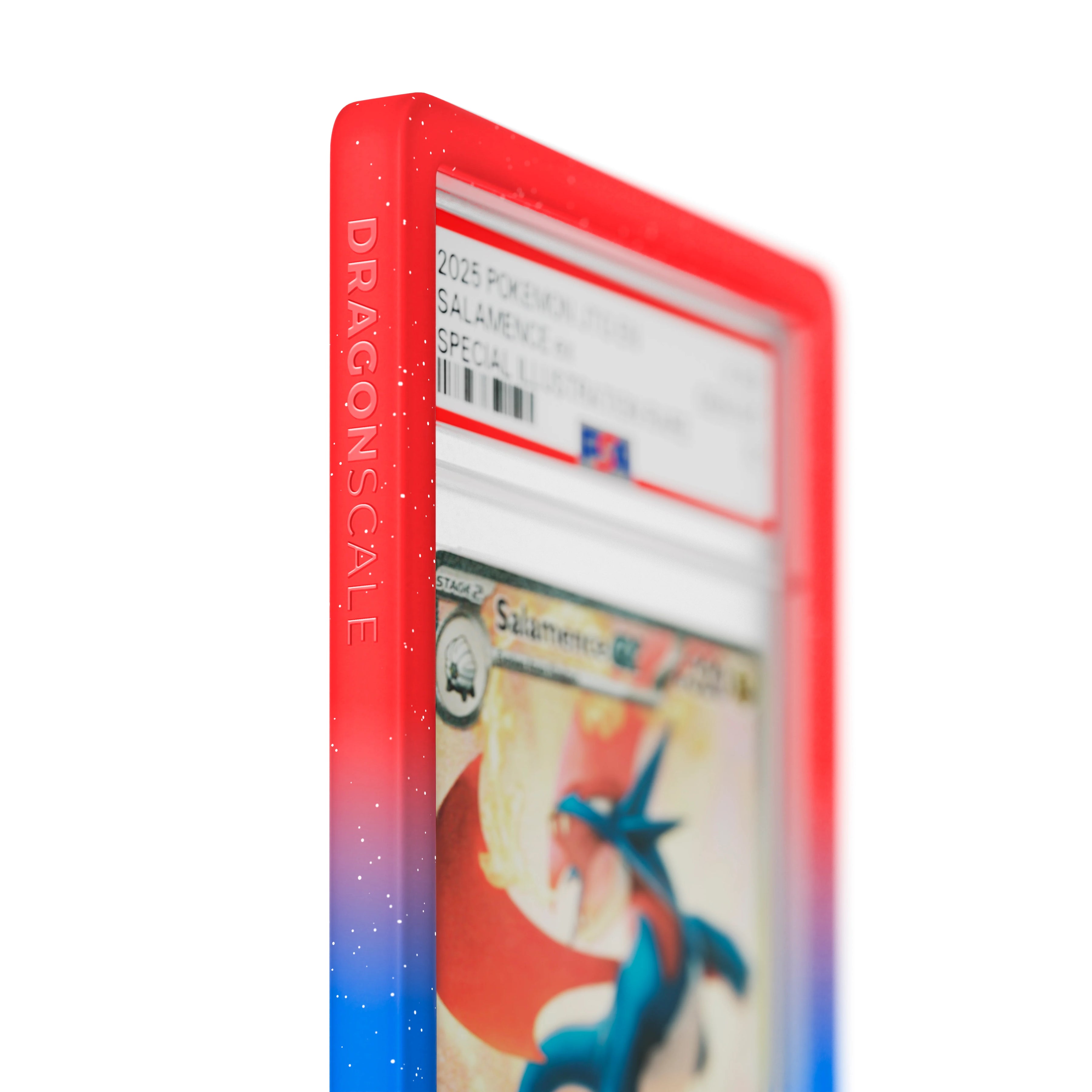 Close up logo zoom view of a PSA slab in Radiant Tempest Dragonscale bumper guard, featuring a  Salamence EX Journey Together PSA 10 Pokemon card.
