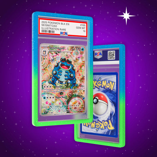 Front and back view of a PSA slab in Radiant Terra Dragonscale bumper guard, featuring a Black & White - Seismitoad PSA 10 Pokemon card.