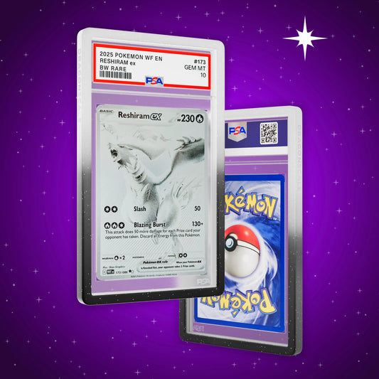 Front and back view of a PSA slab in Radiant Twilight Dragonscale bumper guard, featuring a Reshiram EX White Flare PSA 10 Pokemon card.