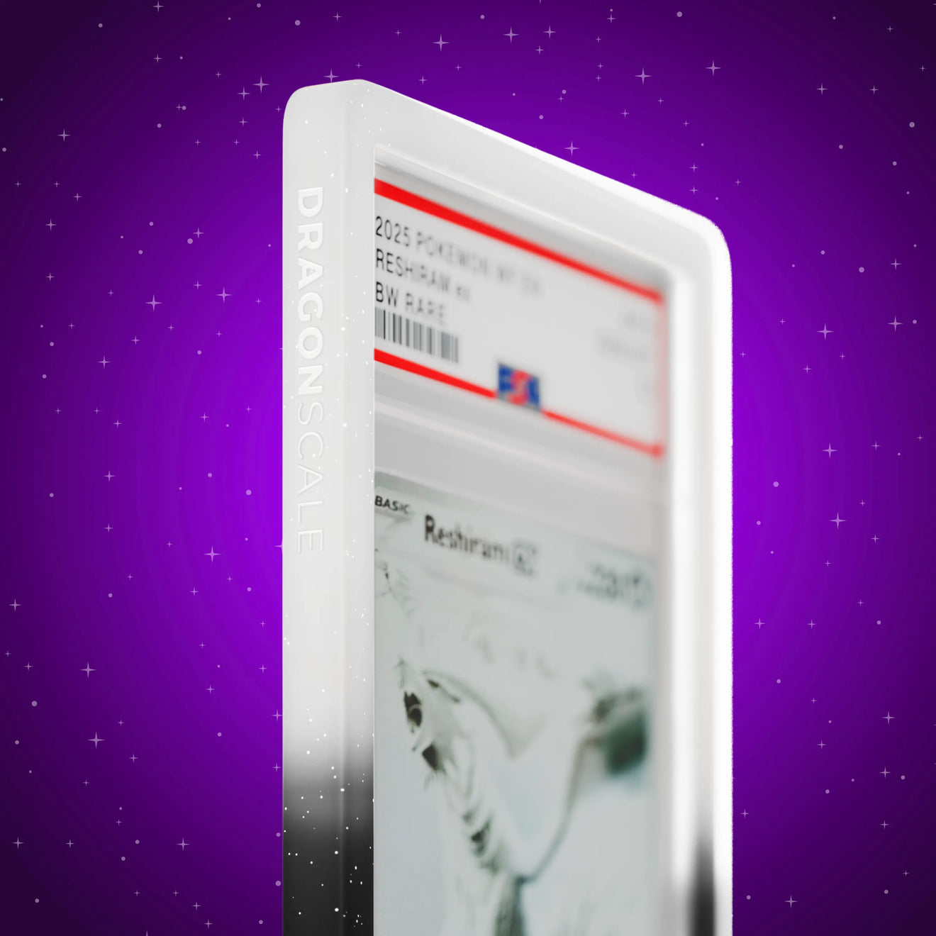 Close up logo zoom view of a PSA slab in Radiant Twilight Dragonscale bumper guard, featuring a Reshiram EX White Flare PSA 10 Pokemon card.