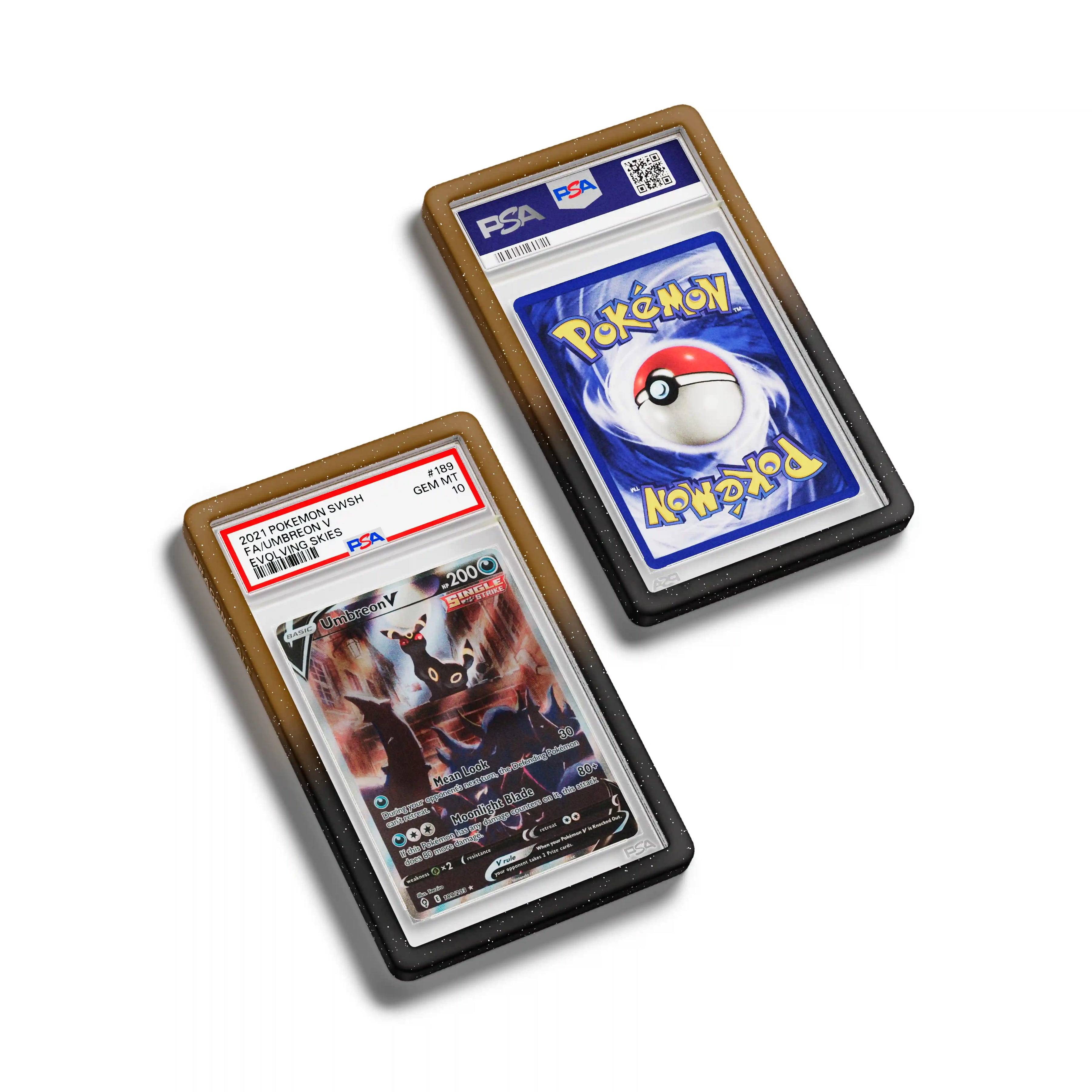 Top-down flat view of a PSA slab in Radiant Umbra Dragonscale bumper guard, featuring a Umbreon V Evolving Skies PSA 10 Pokemon card.
