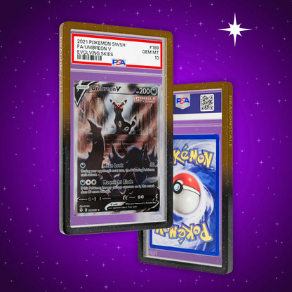 Front and back view of a PSA slab in Radiant Umbra Dragonscale bumper guard,featuring a Umbreon V Evolving Skies PSA 10 Pokemon card.
