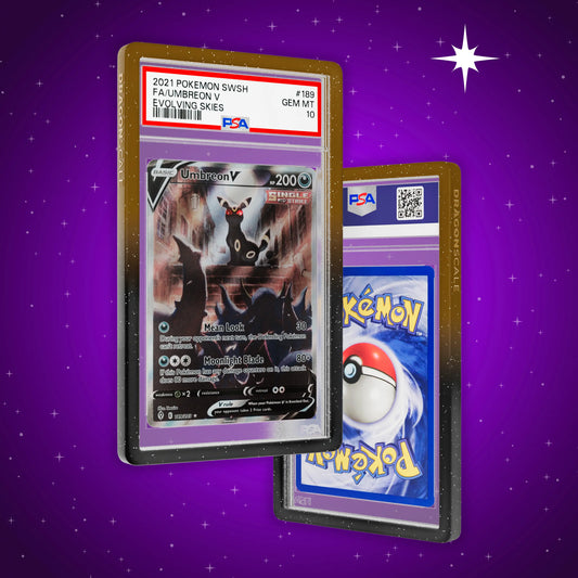 Front and back view of a PSA slab in Radiant Umbra Dragonscale bumper guard,featuring a Umbreon V Evolving Skies PSA 10 Pokemon card.
