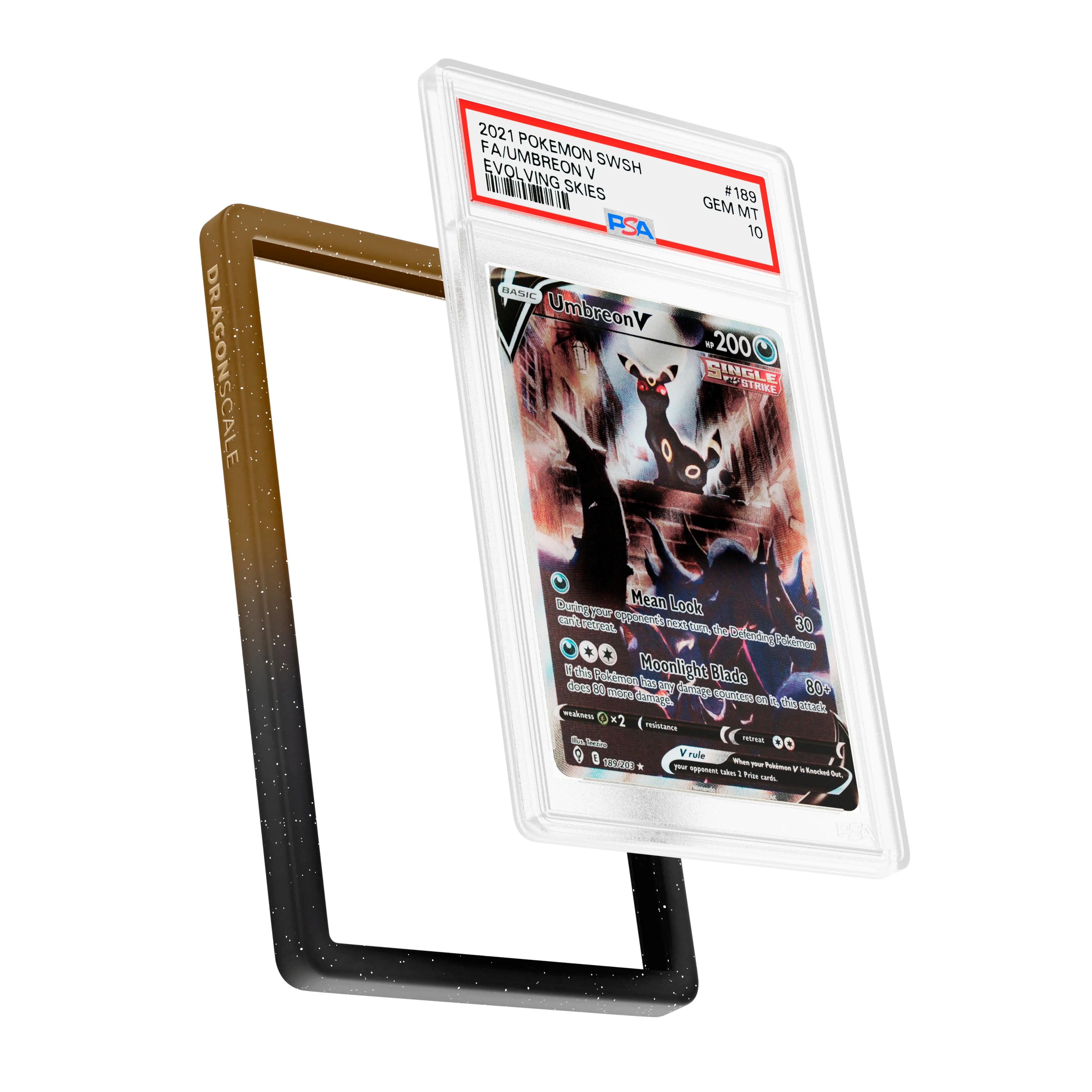 Display and demo view of a PSA slab in Radiant Umbra Dragonscale bumper guard, featuring a Umbreon V Evolving Skies PSA 10 Pokemon card.
