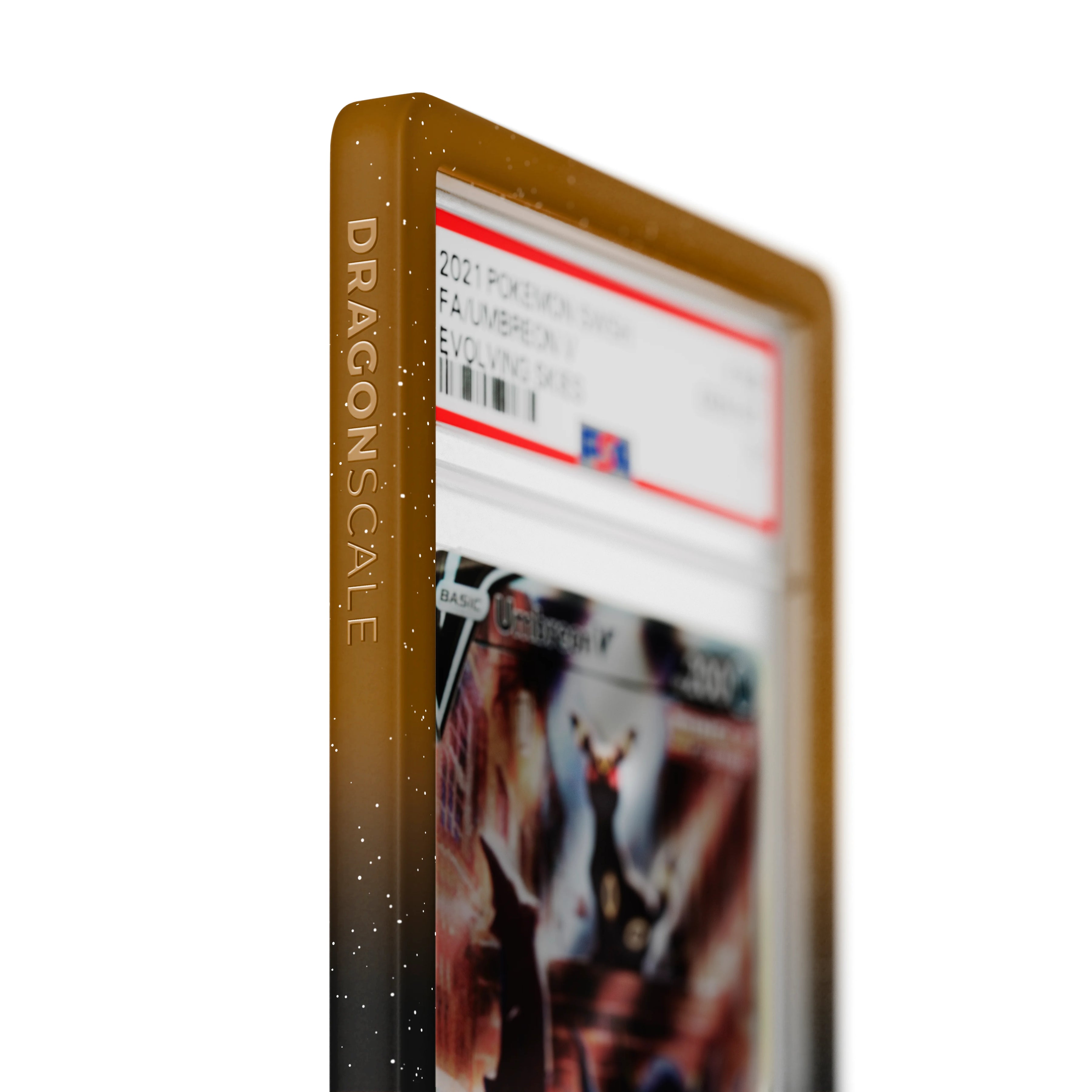 Close up logo zoom view of a PSA slab in Radiant Umbra Dragonscale bumper guard, featuring a Umbreon V Evolving Skies PSA 10 Pokemon card.
