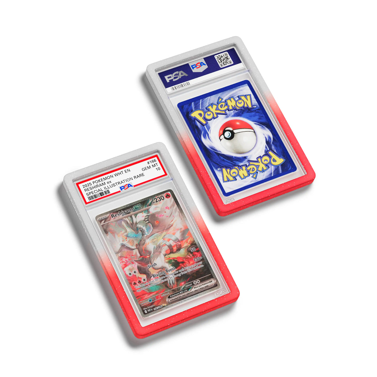 Top-down flat view of a PSA slab in Radiant Valor Dragonscale bumper guard, featuring a Reshiram EX White Flare PSA 10 Pokemon card.
