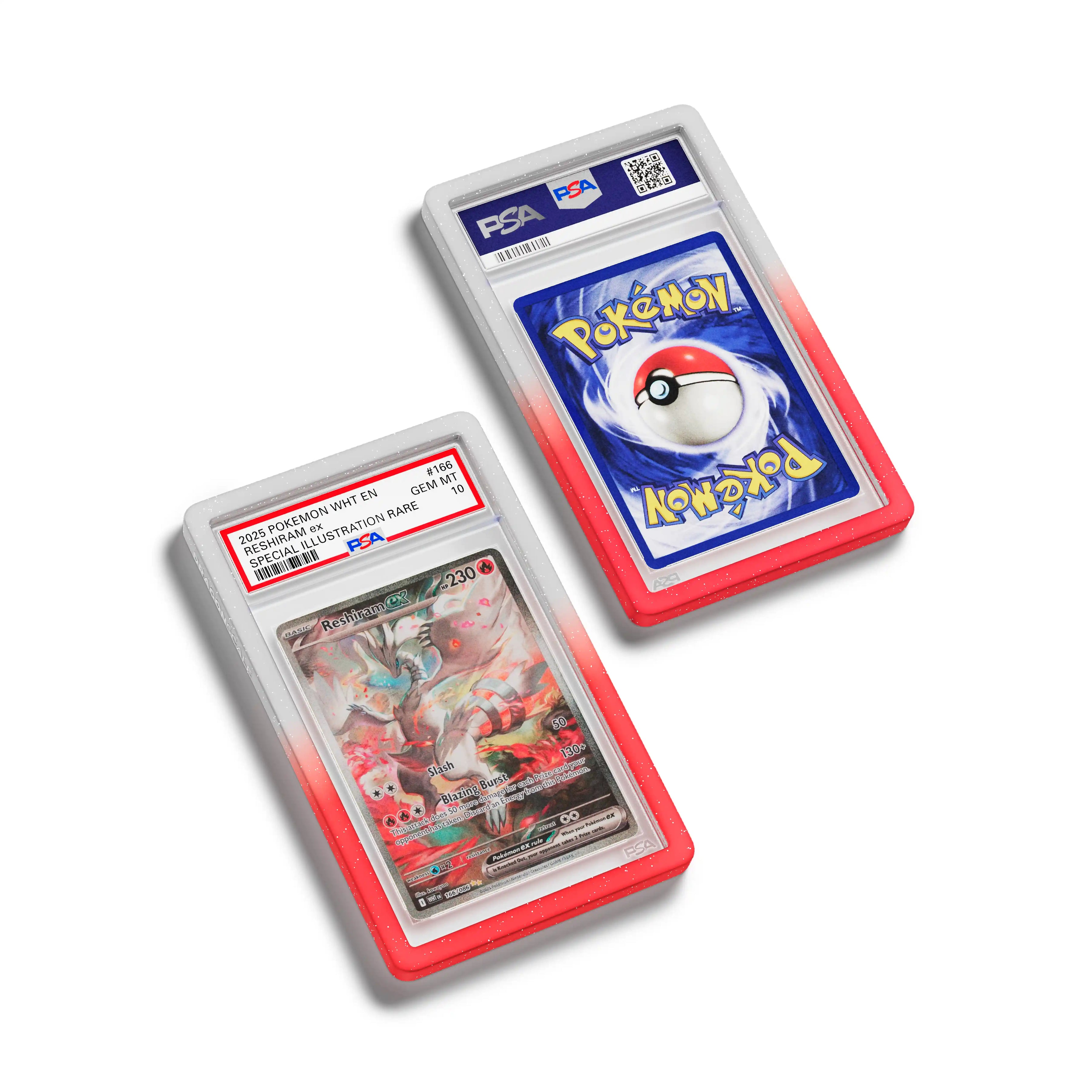 Top-down flat view of a PSA slab in Radiant Valor Dragonscale bumper guard, featuring a Reshiram EX White Flare PSA 10 Pokemon card.
