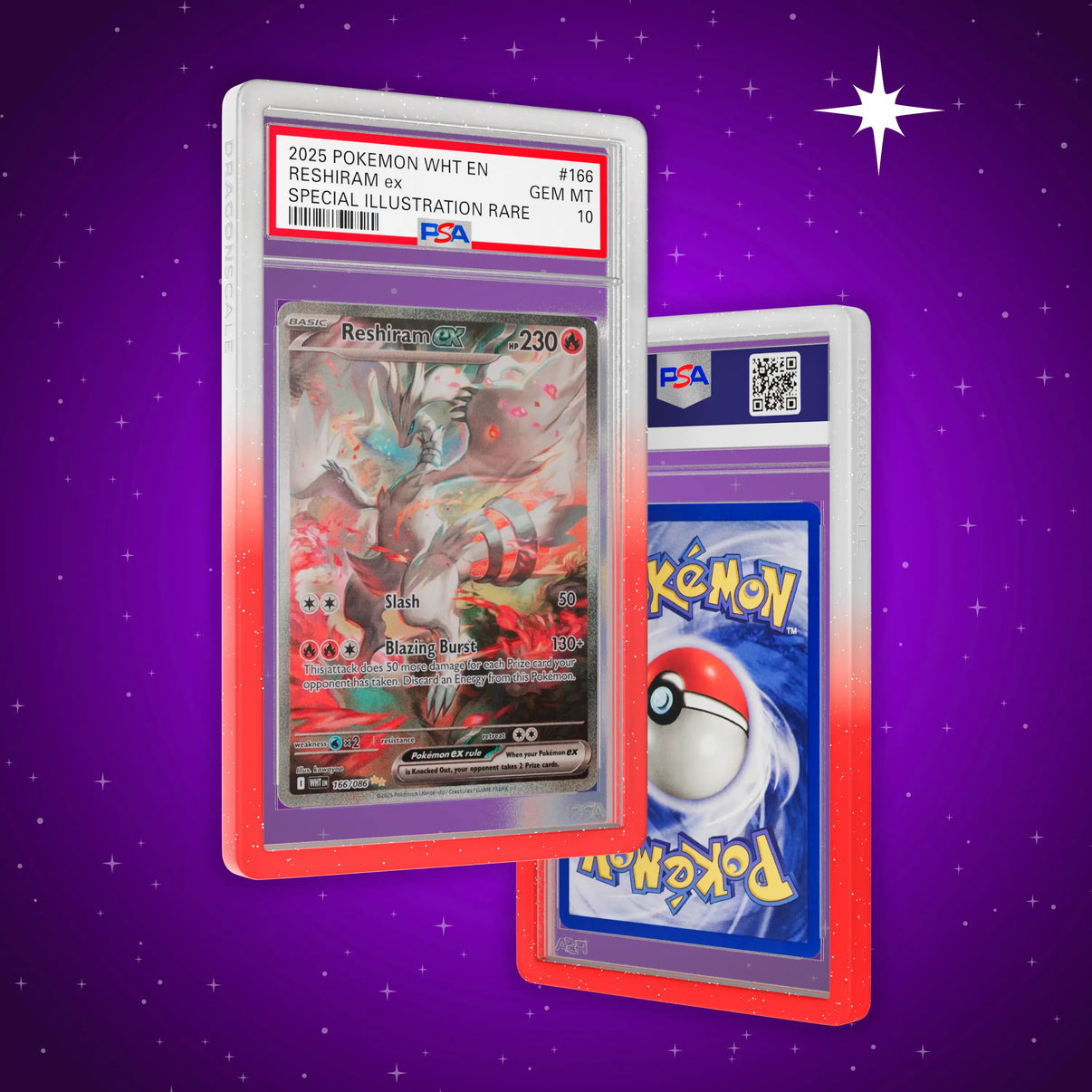 Front and back view of a PSA slab in Radiant Valor Dragonscale bumper guard,featuring a Reshiram EX White Flare PSA 10 Pokemon card.
