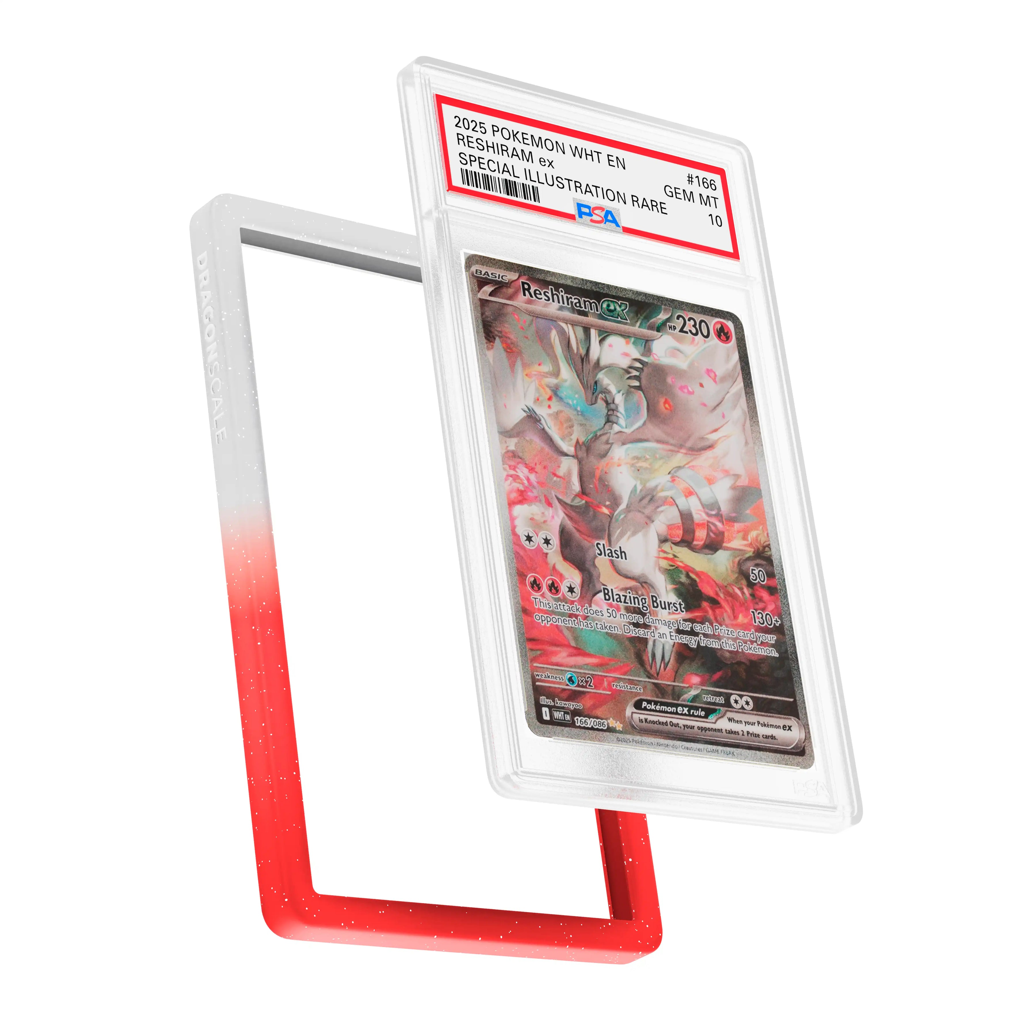 Display and demo view of a PSA slab in Radiant Valor Dragonscale bumper guard, featuring a Reshiram EX White Flare PSA 10 Pokemon card.
