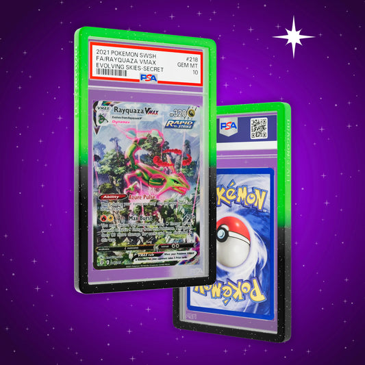 Close up logo zoom view of a PSA slab in Radiant Venom Dragonscale bumper guard, featuring a Rayquaza VMAX Evolving Skies PSA 10 Pokemon card.