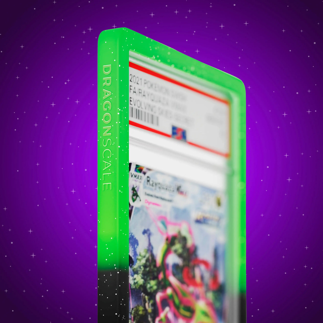 Close up logo zoom view of a PSA slab in Radiant Venom Dragonscale bumper guard, featuring a Rayquaza VMAX Evolving Skies PSA 10 Pokemon card.