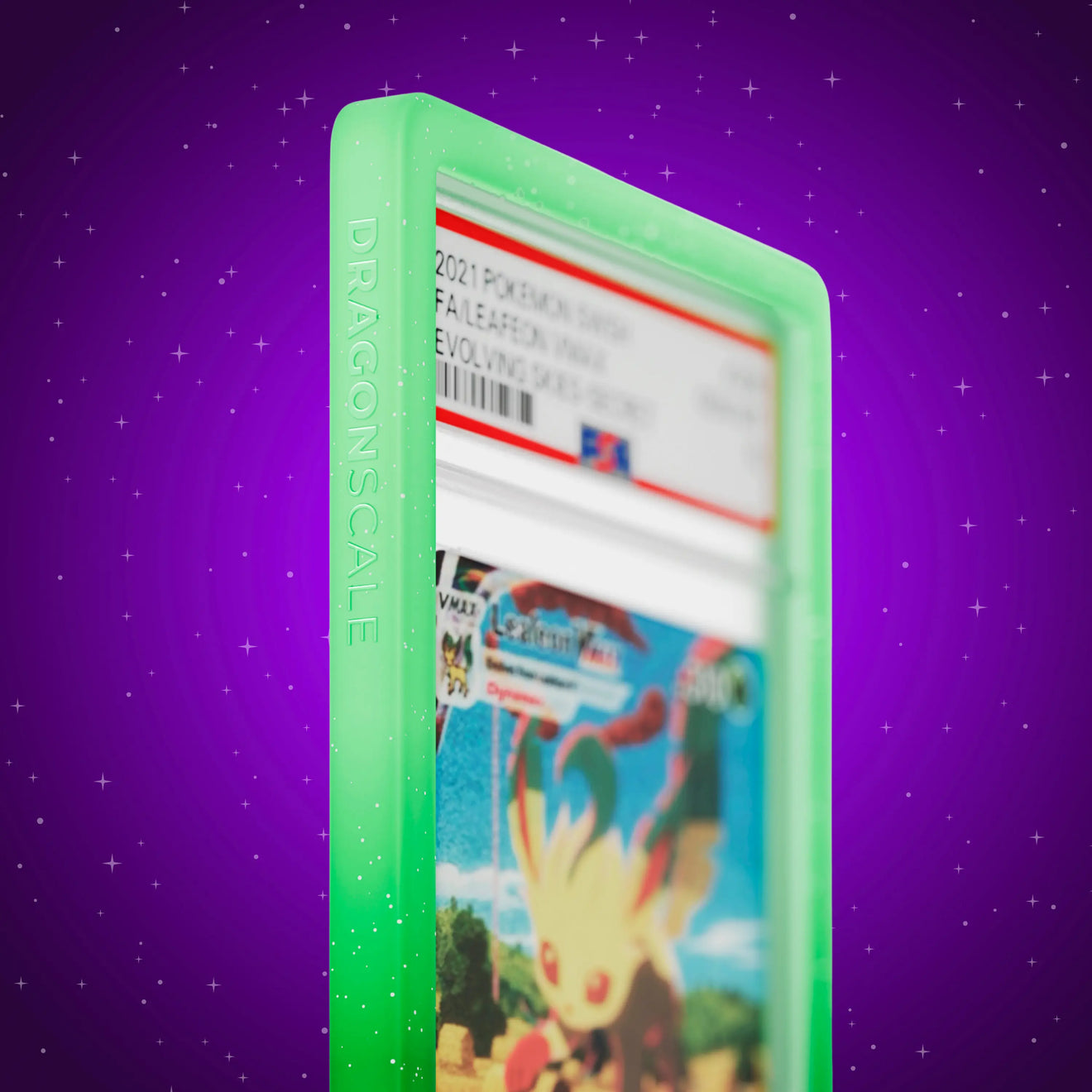 Close up logo zoom view of a PSA slab in Radiant Verdant Dragonscale bumper guard, featuring a Leafeon VMAX Evolving Skies PSA 10 Pokemon card.