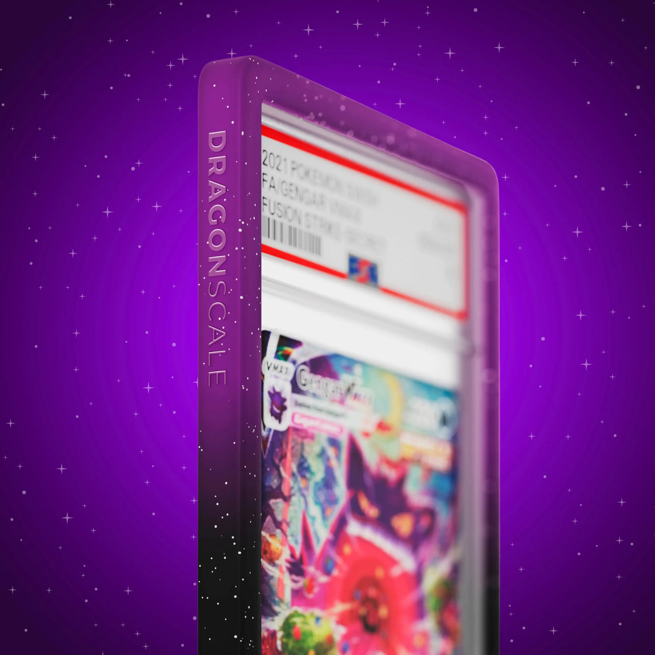 Close up logo zoom view of a PSA slab in Radiant Void Dragonscale bumper guard, featuring a Gengar VMAX Fusion Strike PSA 10 Pokemon card.