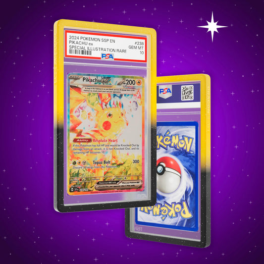 Front and back view of a PSA slab in Radiant Voltage Dragonscale bumper guard, featuring a Pikachu Ex Surging Sparks PSA 10 Pokemon card.