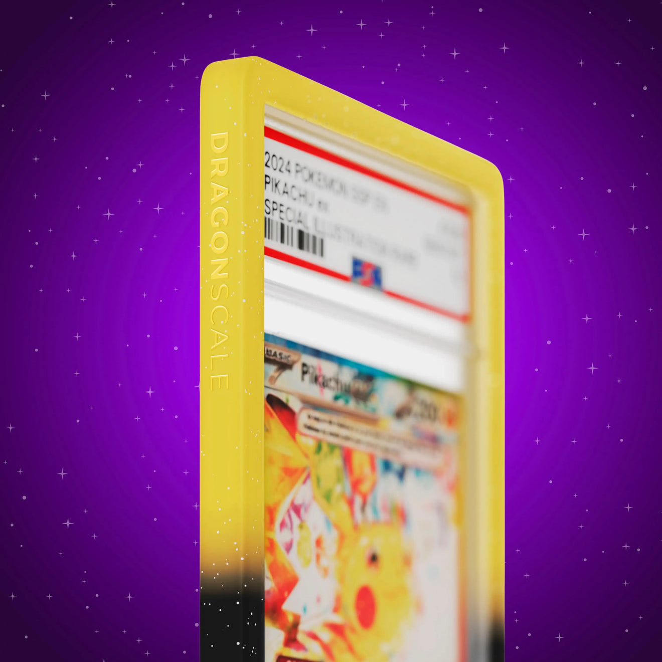 Close up logo zoom view of a PSA slab in Radiant Voltage Dragonscale bumper guard, featuring a Pikachu Ex Surging Sparks PSA 10 Pokemon card.