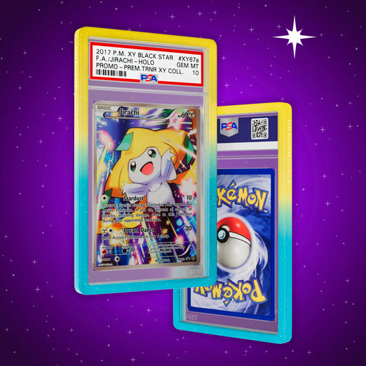 Front and back view of a PSA slab in Radiant Wish Dragonscale bumper guard,featuring a Jirachi Alternate Art Promos PSA 10 Pokemon card.
