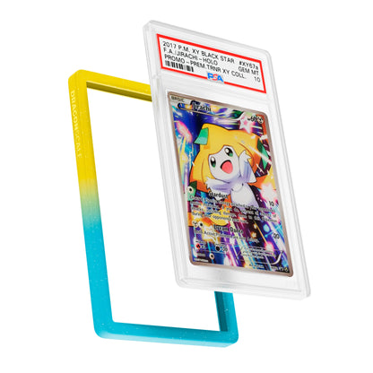 Display and demo view of a PSA slab in Radiant Wish Dragonscale bumper guard, featuring a  Jirachi Alternate Art Promos PSA 10 Pokemon card.

