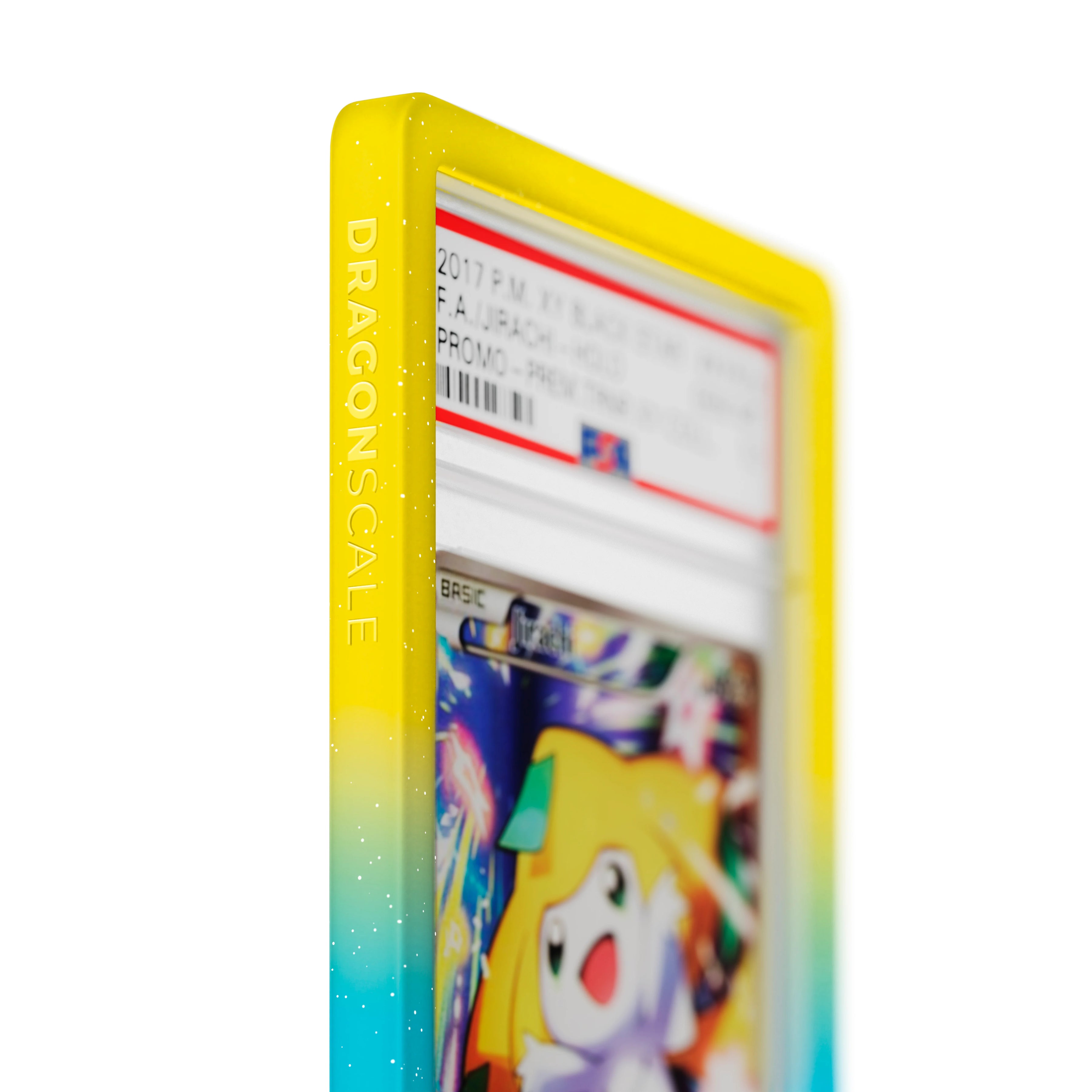 Close up logo zoom view of a PSA slab in Radiant Wish Dragonscale bumper guard, featuring a  Jirachi Alternate Art Promos PSA 10 Pokemon card.