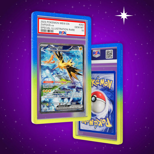 Front and back view of a PSA slab in Radiant Zenith Dragonscale bumper guard, featuring a Zapdos ex PSA 10 Pokemon card.