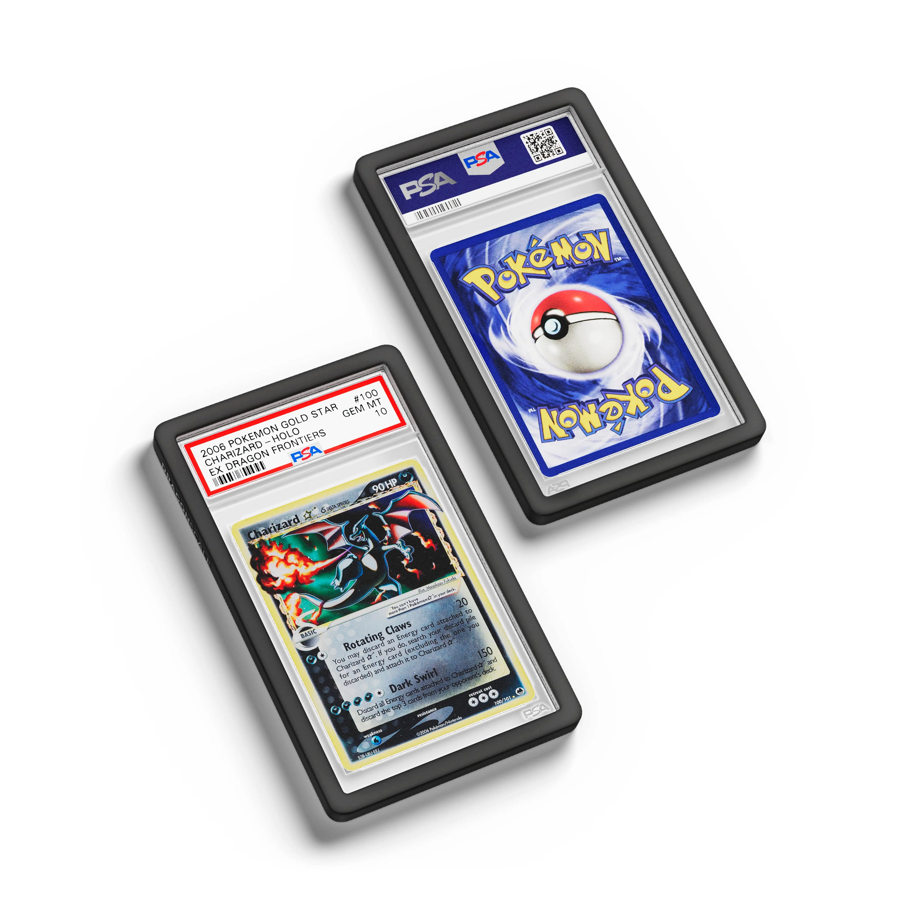 Top-down flat view of a PSA slab in Solid Black Dragonscale bumper guard, featuring a Charizard Gold Star Ex Dragon Frontiers PSA 10 Pokemon card.