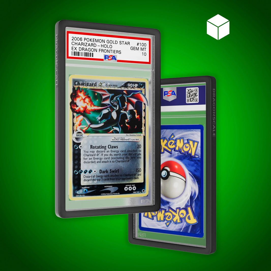 Front and back view of a PSA slab in Solid Black Dragonscale bumper guard, featuring a Charizard Gold Star Ex Dragon Frontiers PSA 10 Pokemon card.