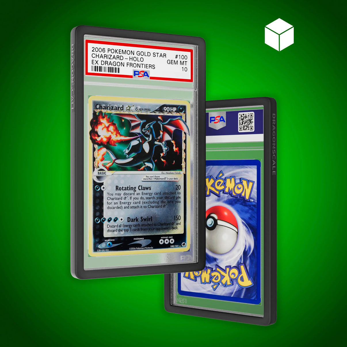 Front and back view of a PSA slab in Solid Black Dragonscale bumper guard, featuring a Charizard Gold Star Ex Dragon Frontiers PSA 10 Pokemon card.