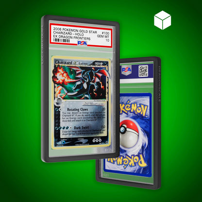 Front and back view of a PSA slab in Solid Black Dragonscale bumper guard, featuring a Charizard Gold Star Ex Dragon Frontiers PSA 10 Pokemon card.