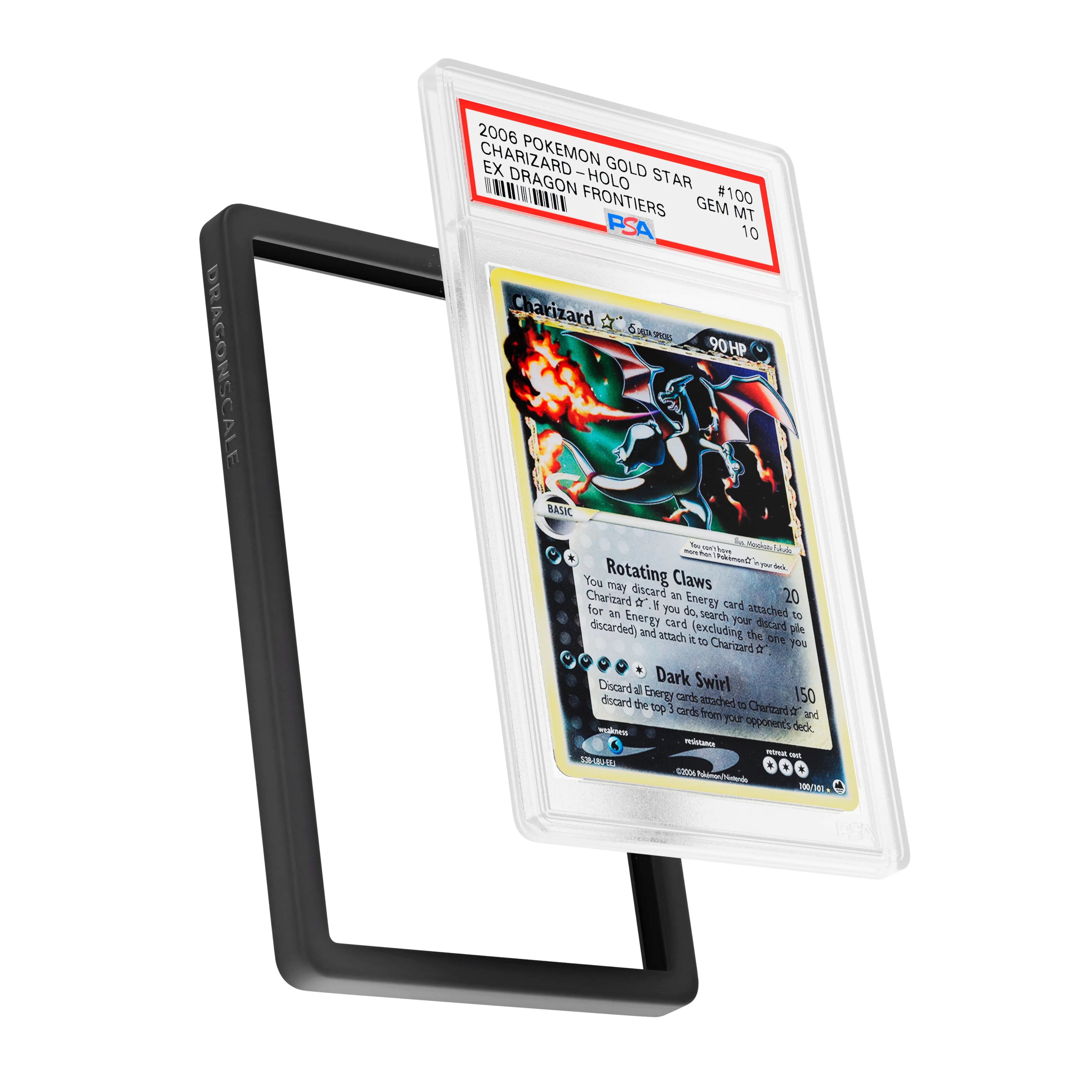 Display and demo view of a PSA slab in Solid Black Dragonscale bumper guard, featuring a Charizard Gold Star Ex Dragon Frontiers PSA 10 Pokemon card.