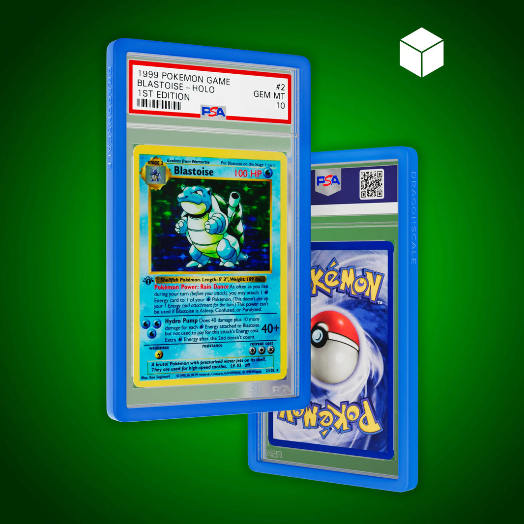 Front and back view of a PSA slab in Solid Blue Dragonscale bumper guard, featuring a Blastoise 1st Edition Base Set PSA 10 Pokemon card.