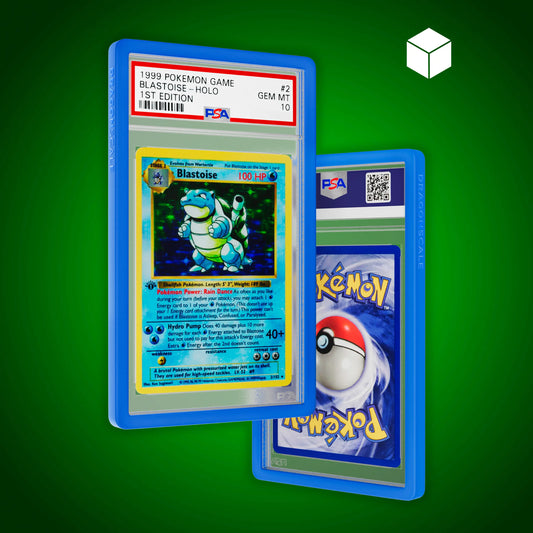 Front and back view of a PSA slab in Solid Blue Dragonscale bumper guard, featuring a Blastoise 1st Edition Base Set PSA 10 Pokemon card.