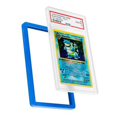 
Display and demo view of a PSA slab in Solid Blue Dragonscale bumper guard, featuring a Blastoise 1st Edition Base Set PSA 10 Pokemon card.
