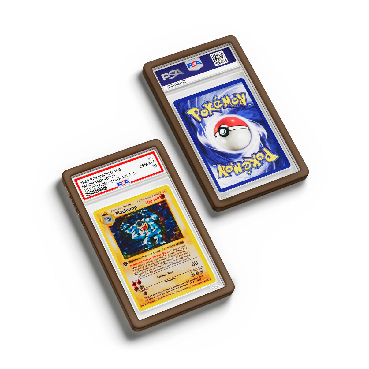 Top-down flat view of a PSA slab in Solid Brown Dragonscale bumper guard, featuring a Machamp 1st Edition Base Set PSA 10 Pokemon card.