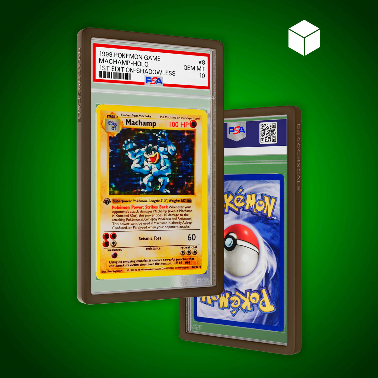 Front and back view of a PSA slab in Solid Brown Dragonscale bumper guard, featuring a Machamp 1st Edition Base Set PSA 10 Pokemon card.