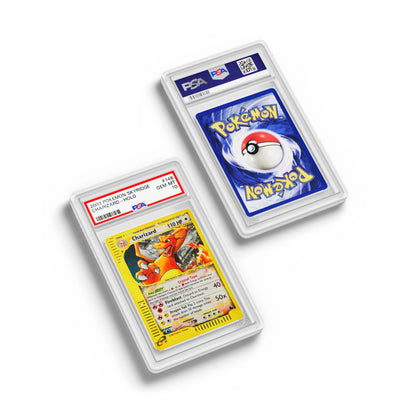 Top-down flat view of a PSA slab in Solid Clear Dragonscale bumper guard, featuring a Charizard Skyridge Crystal  PSA 10 Pokemon card.