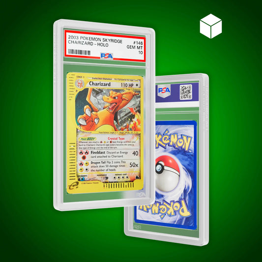 Front and back view of a PSA slab in Solid Clear Dragonscale bumper guard, featuring a Charizard Skyridge Crystal  PSA 10 Pokemon card.