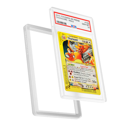 Display and demo view of a PSA slab in Solid Clear Dragonscale bumper guard, featuring a Charizard Skyridge Crystal  PSA 10 Pokemon card.
