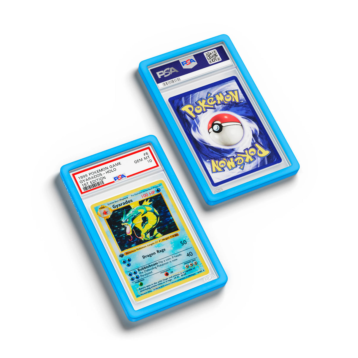 Top-down flat view of a PSA slab in Solid Cyan Dragonscale bumper guard, featuring a Gyrados 1st Edition Base Set PSA 10 Pokemon card.