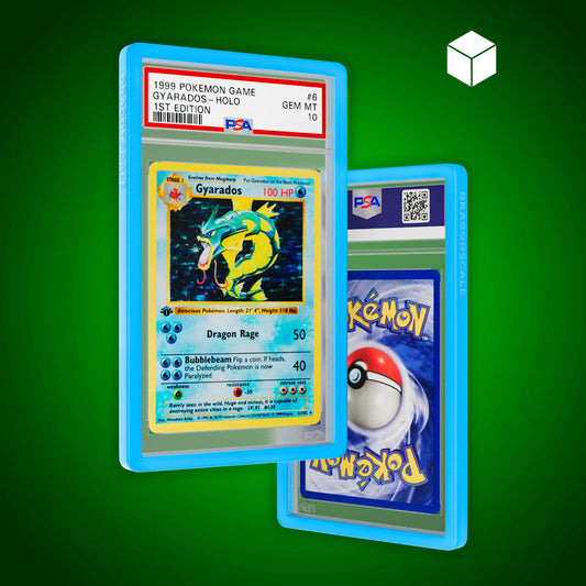 Front and back view of a PSA slab in Solid Cyan Dragonscale bumper guard, featuring a Gyrados 1st Edition Base Set PSA 10 Pokemon card.