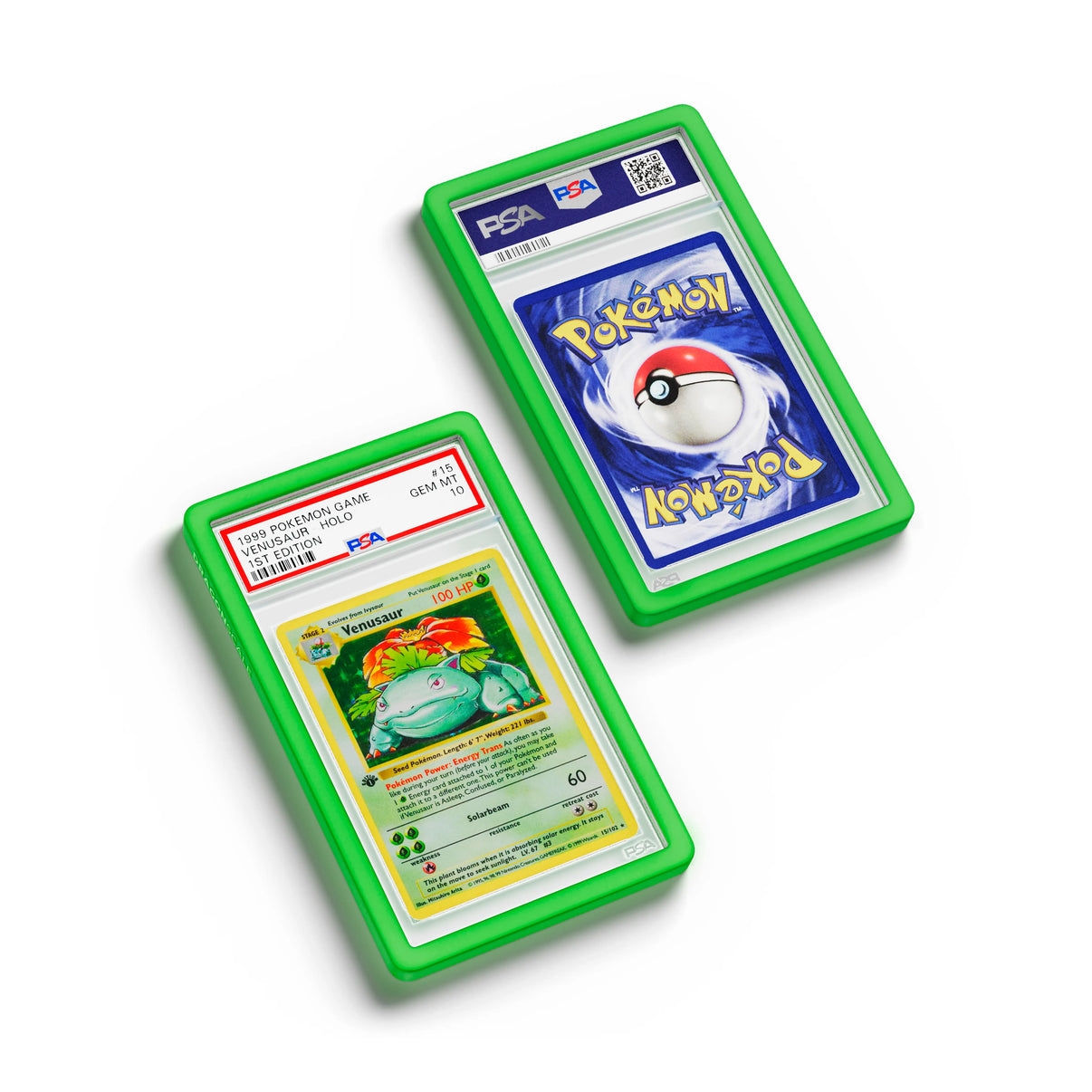 Top-down flat view of a PSA slab in Solid Green Dragonscale bumper guard, featuring a Venusaur 1st Edition Base Set PSA 10 Pokemon card.