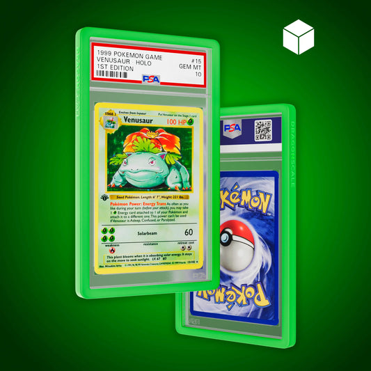 Front and back view of a PSA slab in Solid Green Dragonscale bumper guard, featuring a Venusaur 1st Edition Base Set PSA 10 Pokemon card.