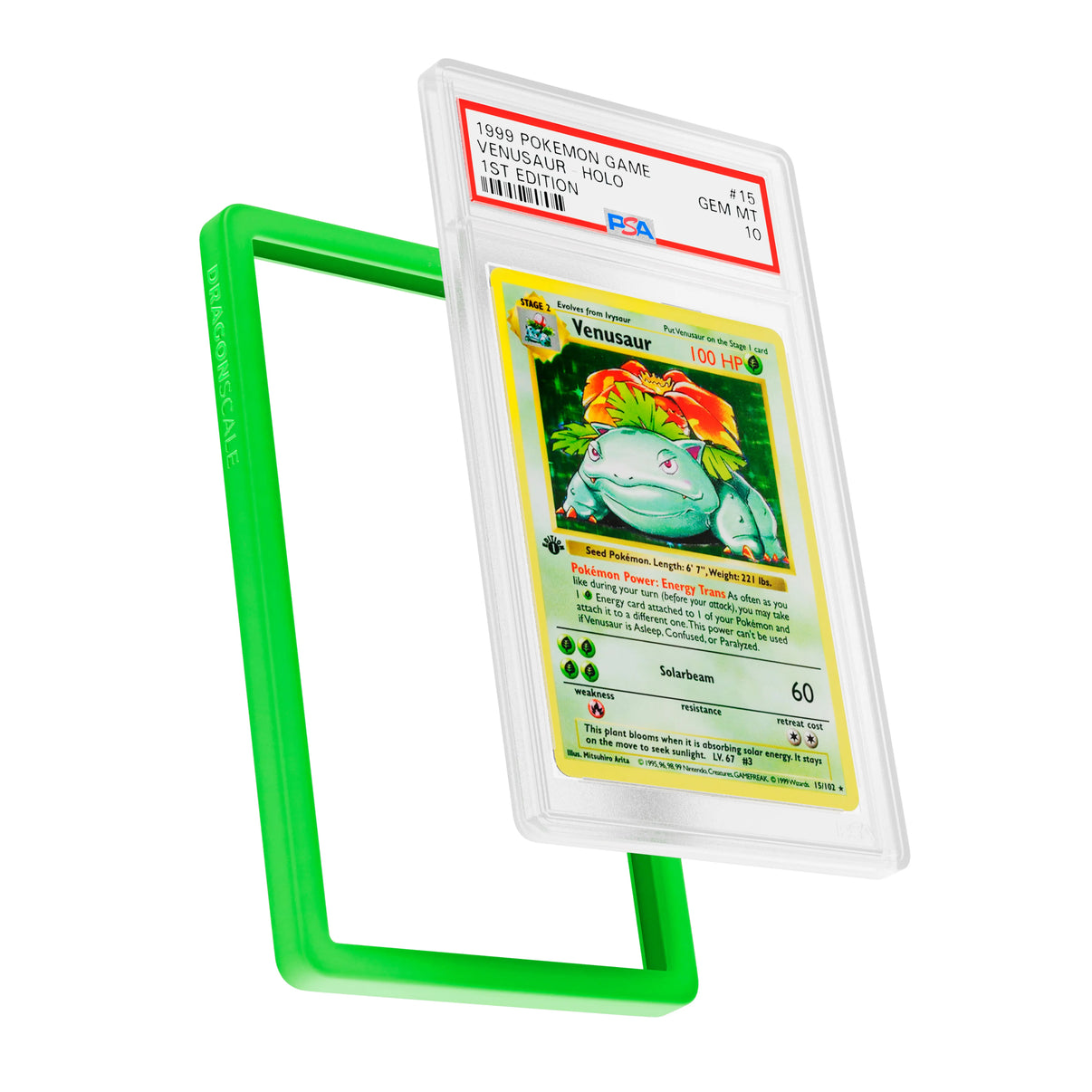 
Display and demo view of a PSA slab in Solid Green Dragonscale bumper guard, featuring a Venusaur 1st Edition Base Set PSA 10 Pokemon card.

