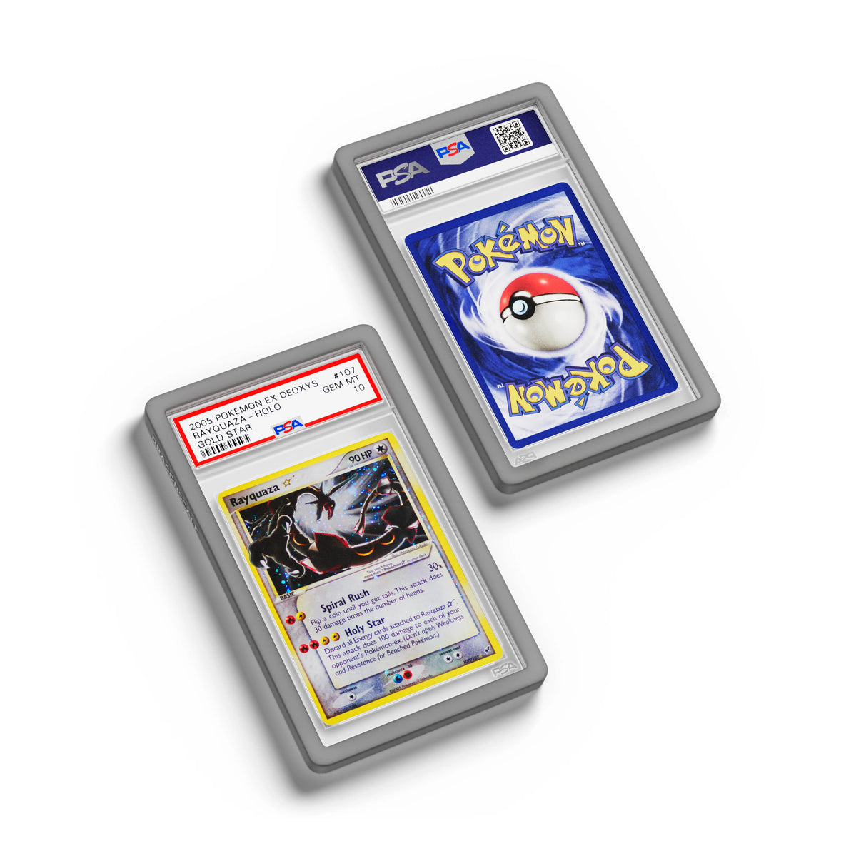 Top-down flat view of a PSA slab in Solid Grey Dragonscale bumper guard, featuring a Rayquaza Gold Star Ex Deoxys PSA 10 Pokemon card.