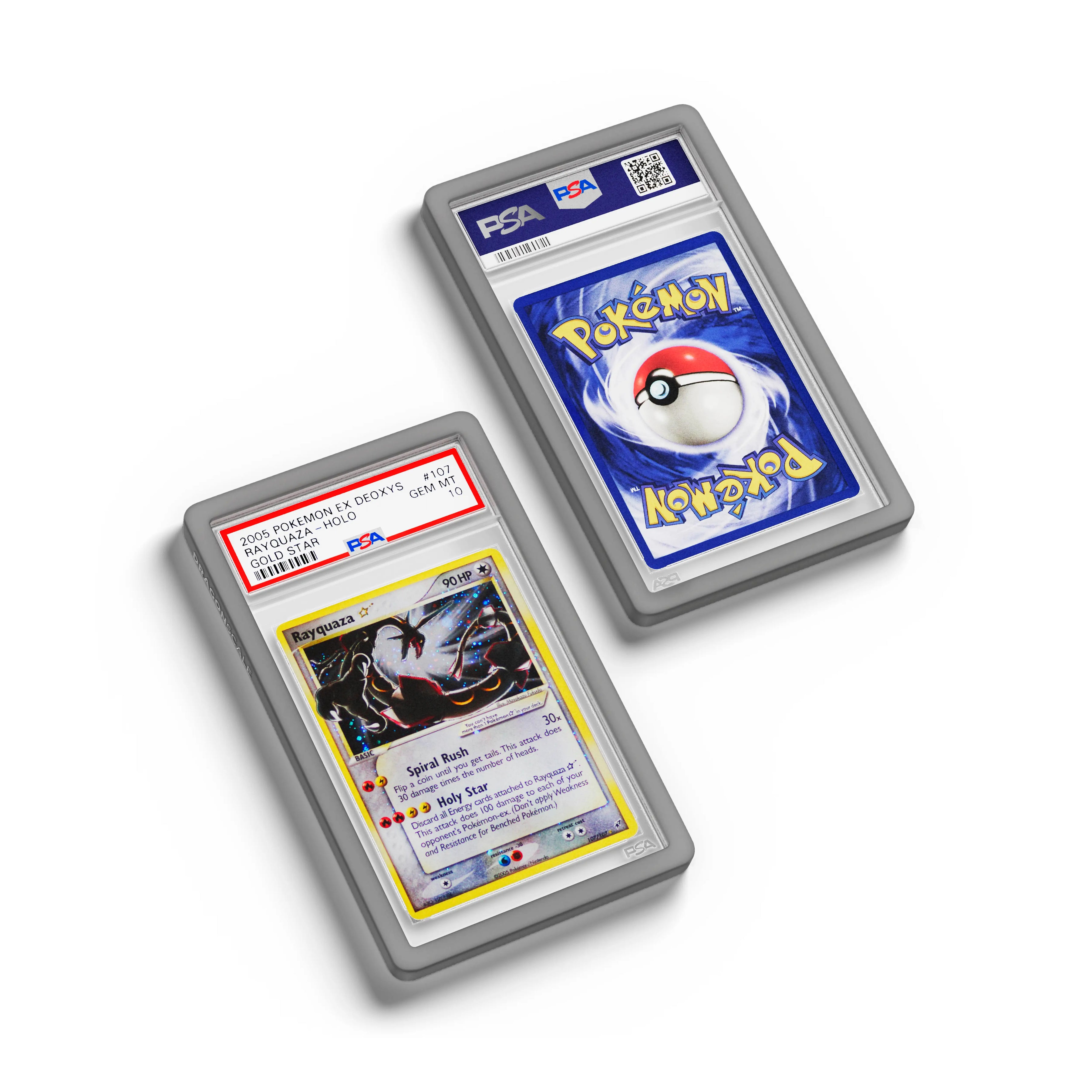 Top-down flat view of a PSA slab in Solid Grey Dragonscale bumper guard, featuring a Rayquaza Gold Star Ex Deoxys PSA 10 Pokemon card.