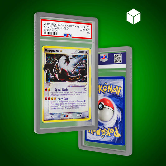 Front and back view of a PSA slab in Solid Grey Dragonscale bumper guard, featuring a Rayquaza Gold Star Ex Deoxys PSA 10 Pokemon card.