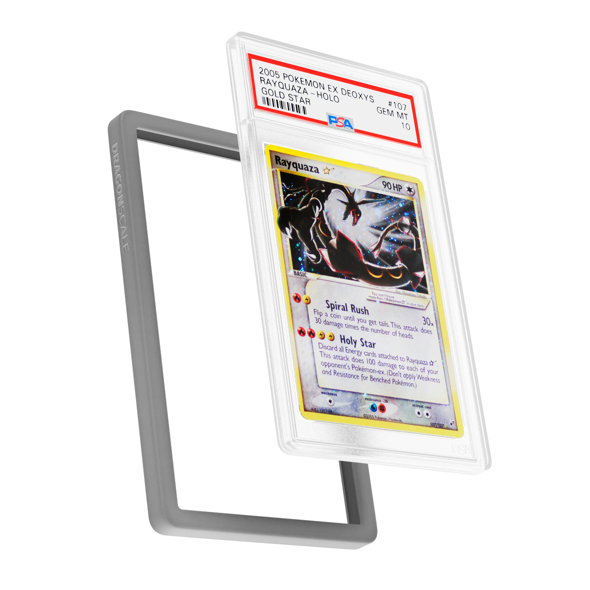 Display and demo view of a PSA slab in Solid Grey Dragonscale bumper guard, featuring a Rayquaza Gold Star Ex Deoxys PSA 10 Pokemon card.